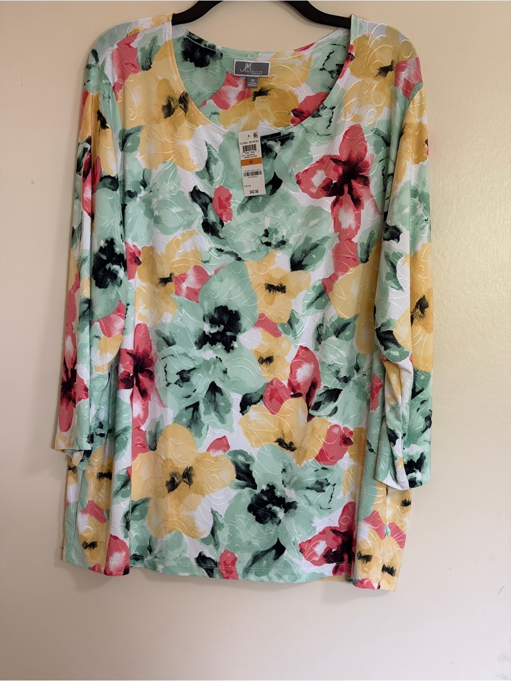 NWT JM Collection 3/4 Sleeve Floral Textured Pullover Blouse Top Sz 3X